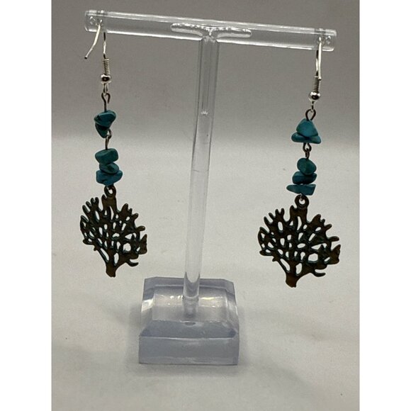 Turquoise Colored Coral Reef Drop Earrings With Brass Charms & Hooks - Picture 1 of 7